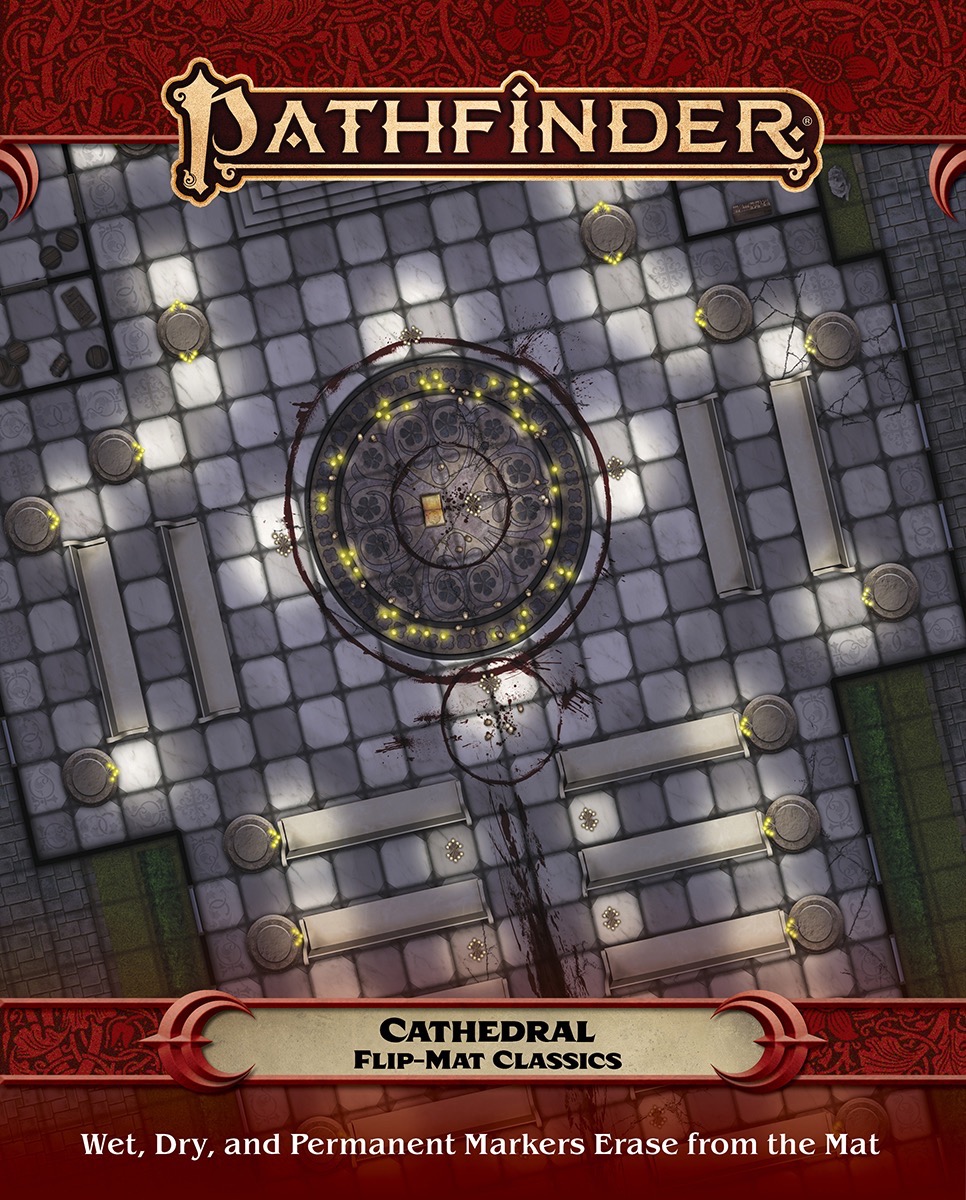 Pathfinder Cathedral Flip Mat cover. Illustration of a square grid on stone tiles with a round spell circle in the center of the grid