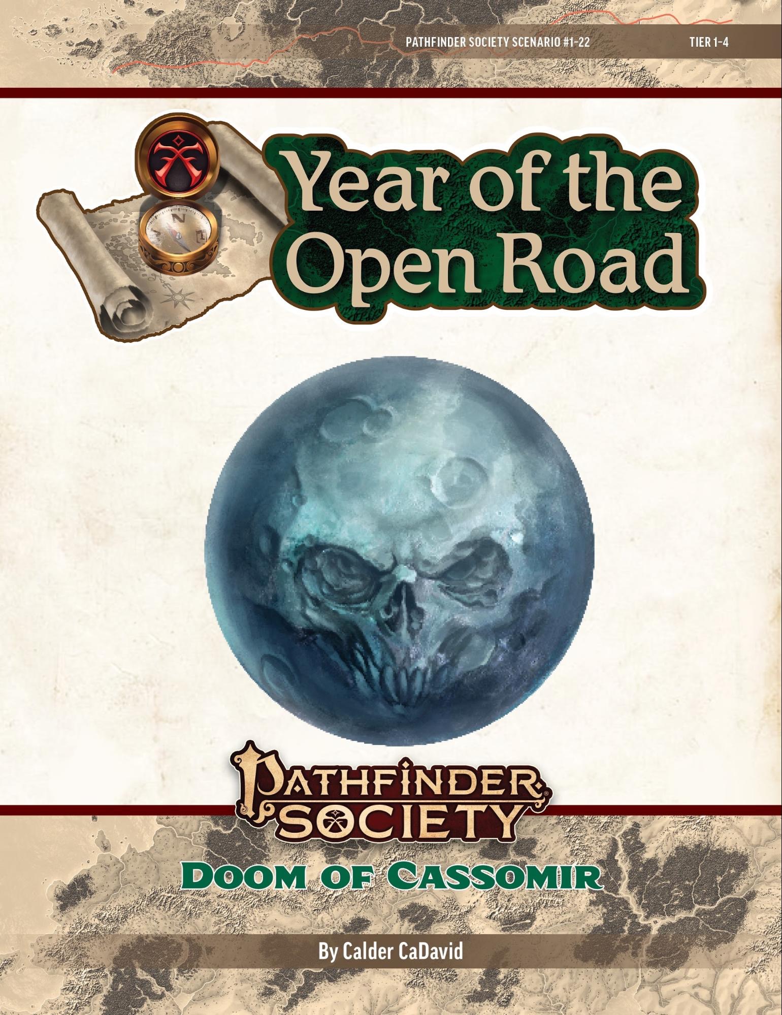 Pathfinder Society Year of the Open Road: Doom of Cassomir cover. Illustration of a moon on a tan background with a shadow of an ominous skull covering the moon