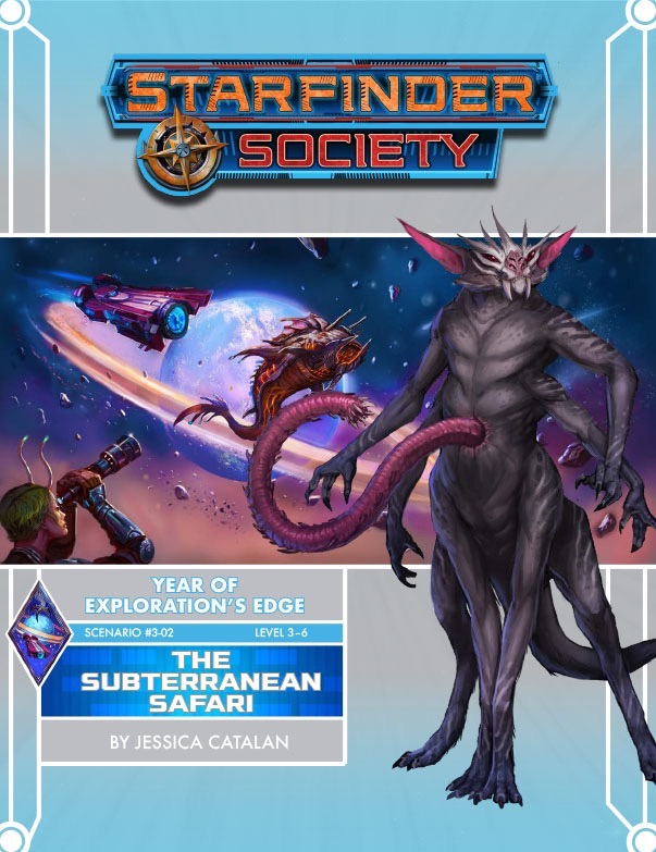 SFS Year of Explorations Edge: The Subterranean Safari cover. A large four legged, four armed alien with a tenticle coming out of its stomach standing in front of a deep space background