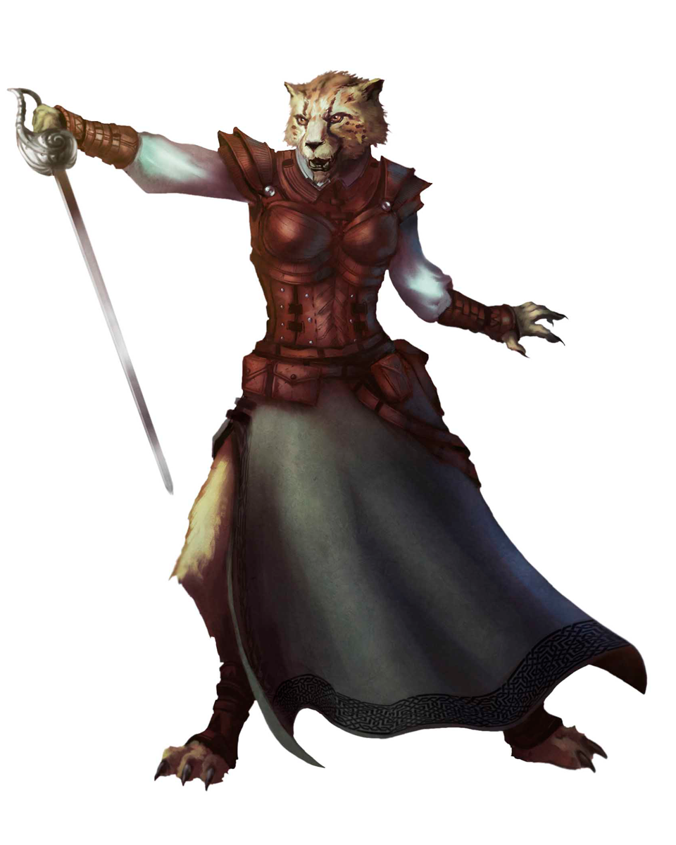 A female catfolk with pale blonde fur wears leather armor over a white tunic and a green, ankle-length skirt slit up the side to allow her to run. She holds a rapier in a defensive stance.