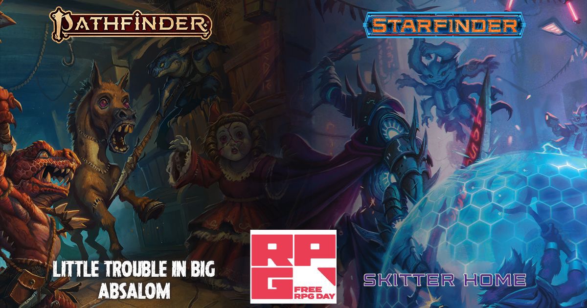 Combined image of game covers for Pathfinder: Big Trouble In Little Absalom and Starfinder: Skitter Home